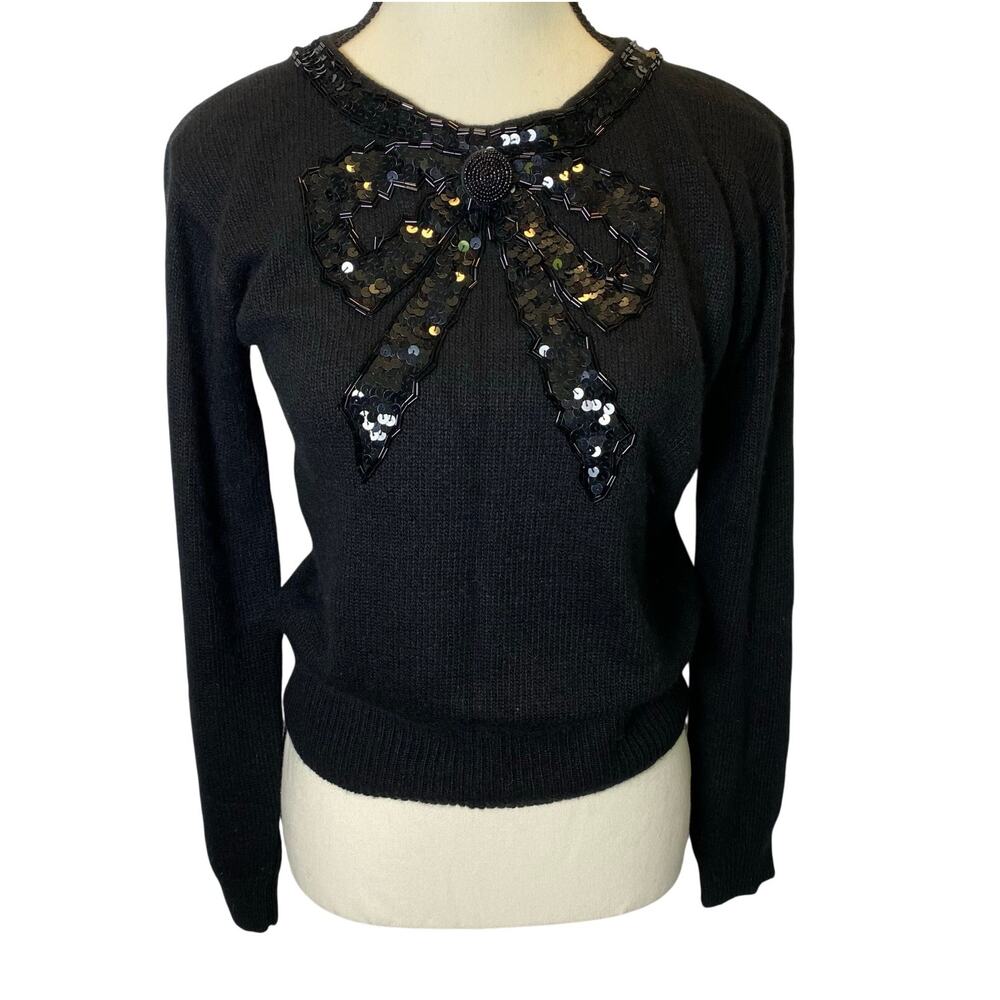 Vintage Lord & Taylor Sequin Bow‎ Sweater Petite Small Silk Angora Lambswool